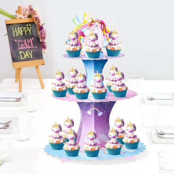 3 Tier Unicorn Cupcake Stand Watercolor Unicorn Cardboard Cupcake Holder New - Picture 4 of 8